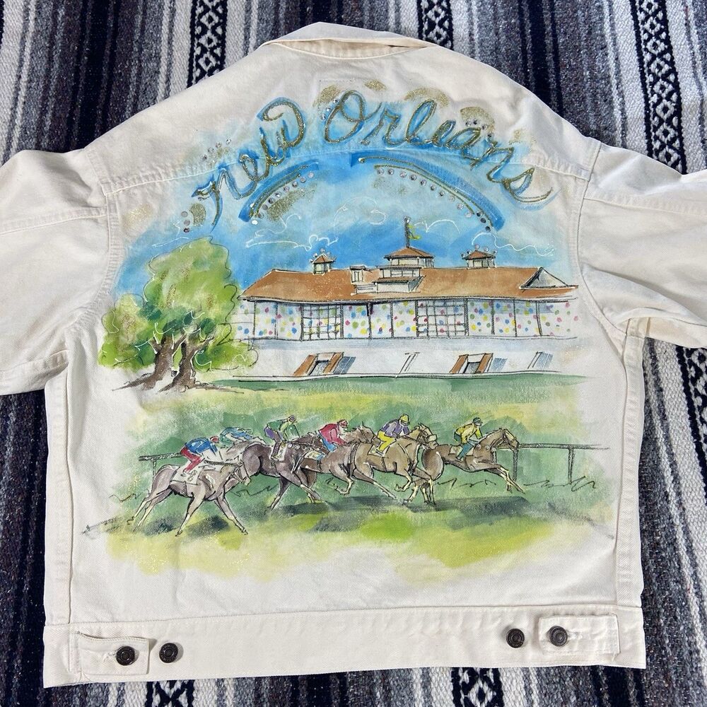 Vintage 80s 90s Denim International Handpainted New Orleans Racetrack Jacket L